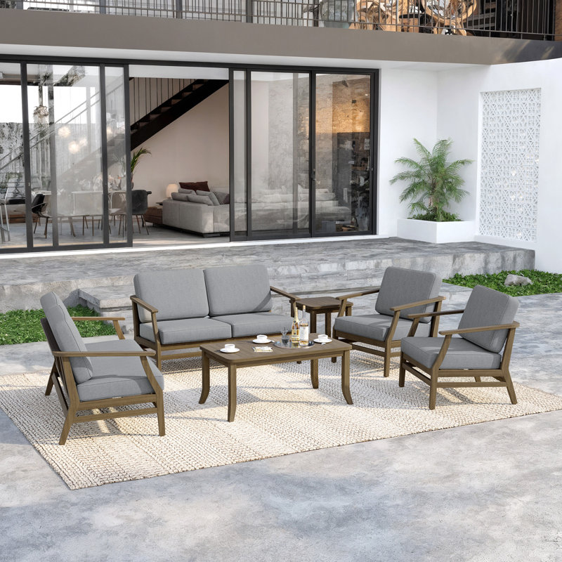 Polett Teak Outdoor Six-person Patio Set With Cushions And Two Tables, Brown, Gray