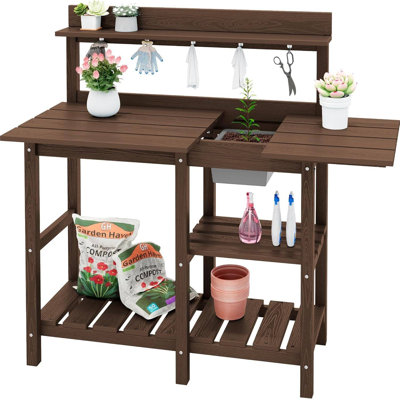 Établi de jardin tout-en-un: table de rempotage robuste avec évier intégré, tiroir de rangement et tablettes | Fabrication en PEHD durable pour une utilisation extérieure