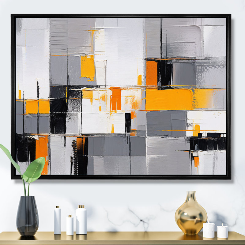 Rayures jaunes et grises sur toile, H 34 po x l 44 po x P 1,5 po, Cadre flottant noir
