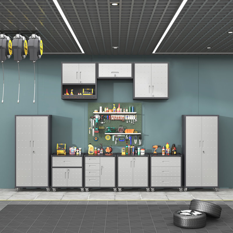 Système d'armoires de rangement en acier 10 pièces | Ensemble complet d'organisation pour atelier avec armoires à outils roulantes et unités murales verrouillables | Rangement de garage réglable