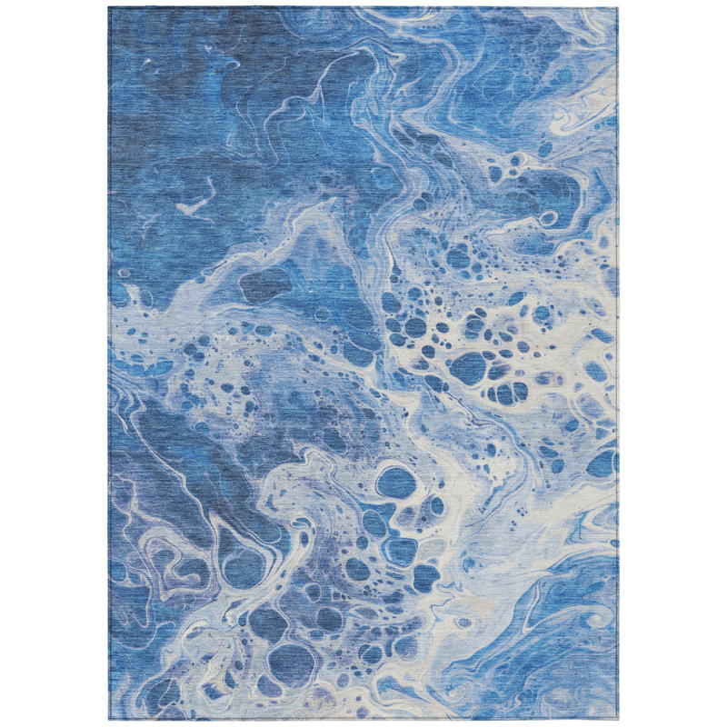 Tapis extérieur lavable abstrait bleu marine et ivoire 8 pi x 10 pi