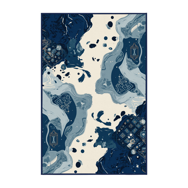 Tapis bleu clair et bleu marine délavé à la machine Paizlea, 7 x 9