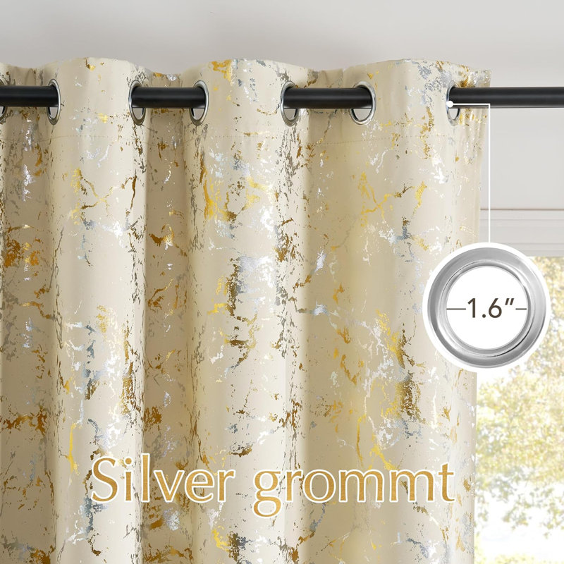 100% Blackout Curtains, Grommet Pattern Gold Foil Printed Window Treatments Room Darkening Drapes for Bedroom, 2 Panels