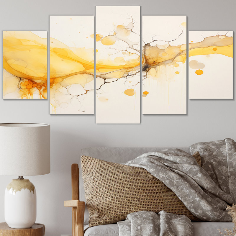 Undefined Continuation, liquide, vagues jaunes I - formes abstraites, reproduction d'art sur toile - 5 panneaux