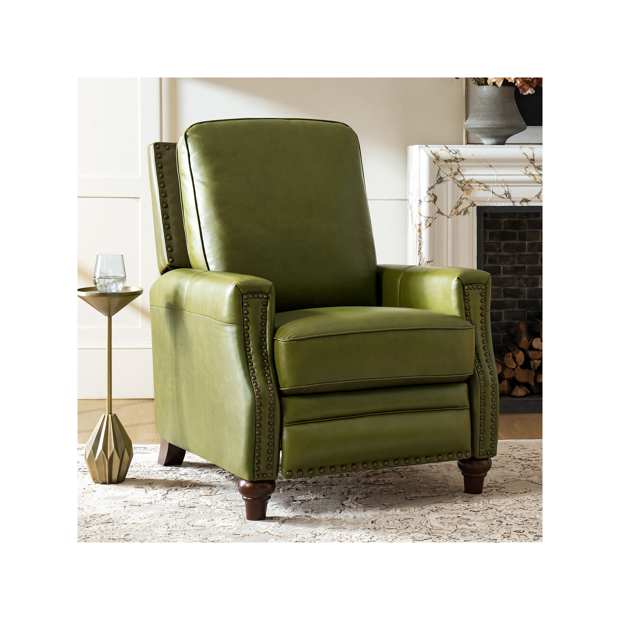 Andrena Genuine Leather Recliner with Nailhead Trim, Genuine Leather Olive