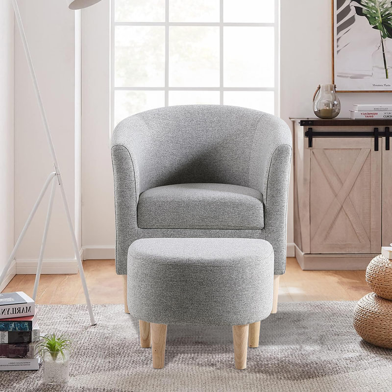 Upholstered 27" Wide Barrel Chair with Ottoman, Gray Linen Blend