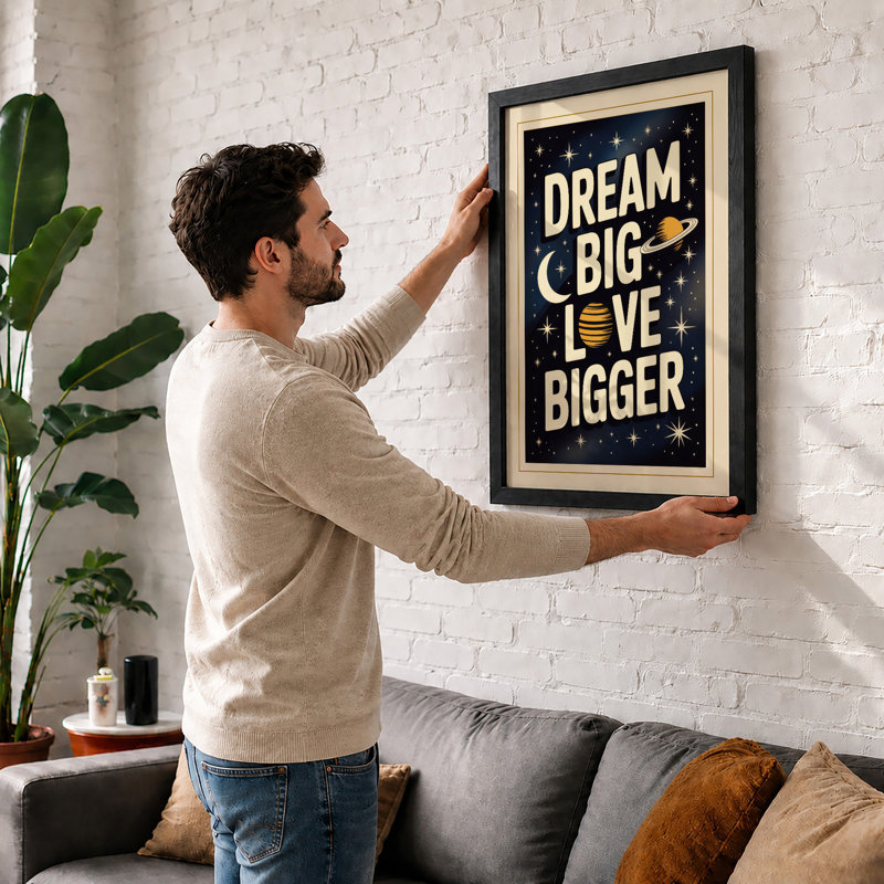 Dream Big Love Bigger Typography - Framed Print, A4 - 29.7 x 21.0 cm, Black