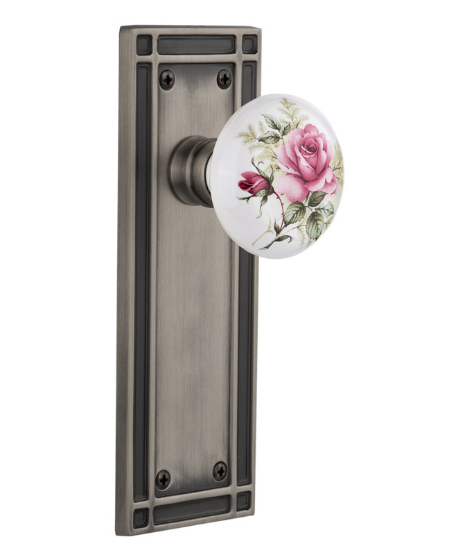 Plaque de mission avec bouton de porte en porcelaine rose, Étain antique, 2-3/4"