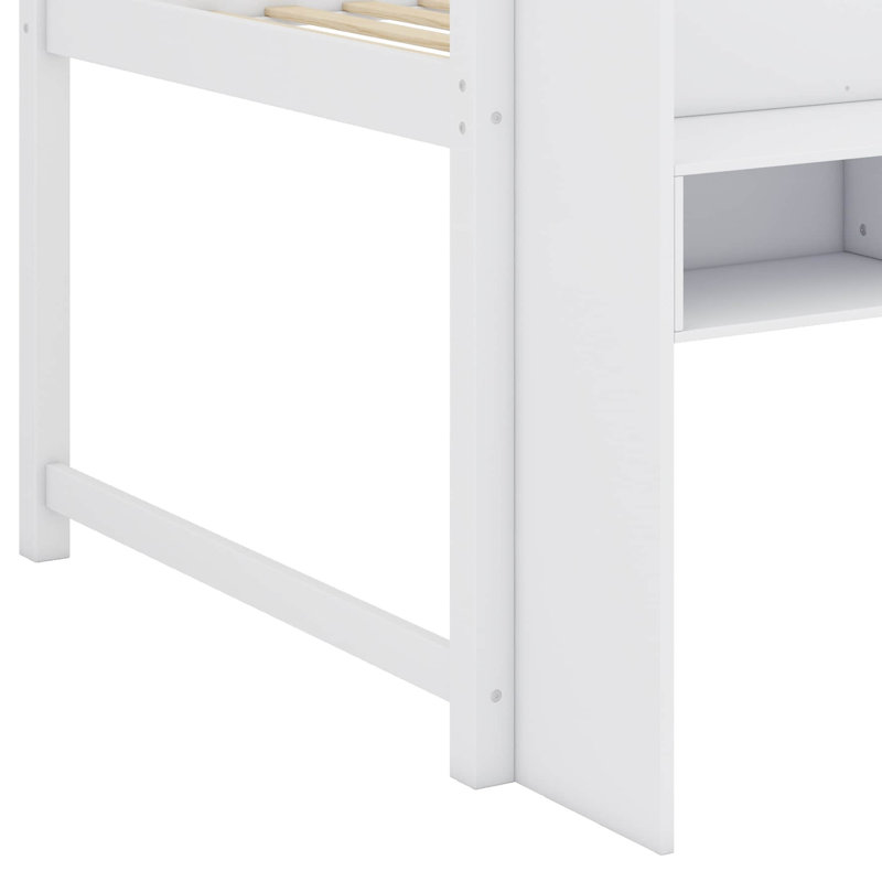 Lit mezzanine double avec bureau intégré, compartiments de rangement, tablettes ouvertes et tableau blanc Creative Idea