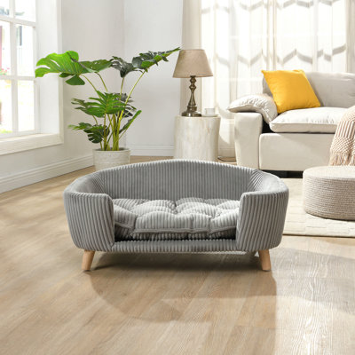 Elevated Dog Bed Frame For Small Dog, Corduroy Pet Couch Bed With Rubber Wood Legs And Supportive Foam