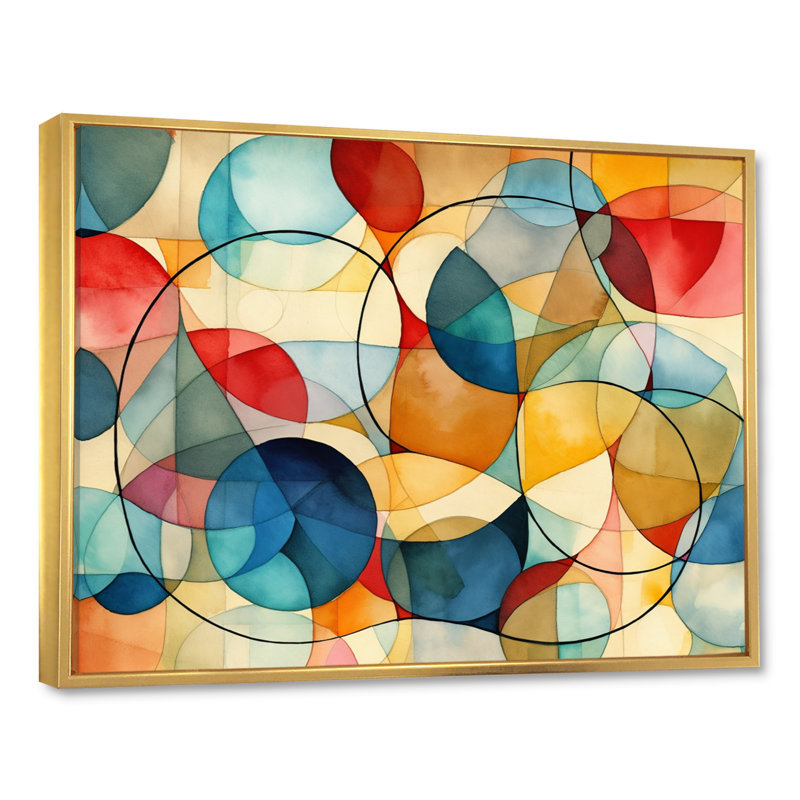 Thomasina, fusion géométrique bleue sur toile, H 34 po x l 44 po x P 1,5 po, Cadre flottant doré