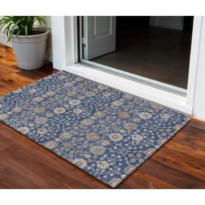 Tapis extérieur lavable floral 3 pi x 5 pi bleu marine, brun et beige