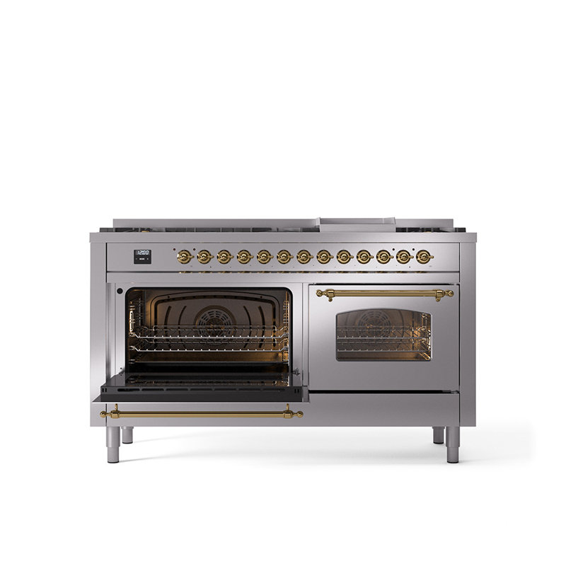 ILVE Nostalgie II 60 Dual Fuel Range, 9 Burners, Griddle, Liquid Propane, Stainless Steel/Brass
