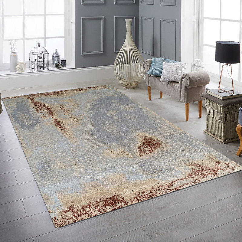 Tapis contemporain gris en laine noué à la main 6 x 9