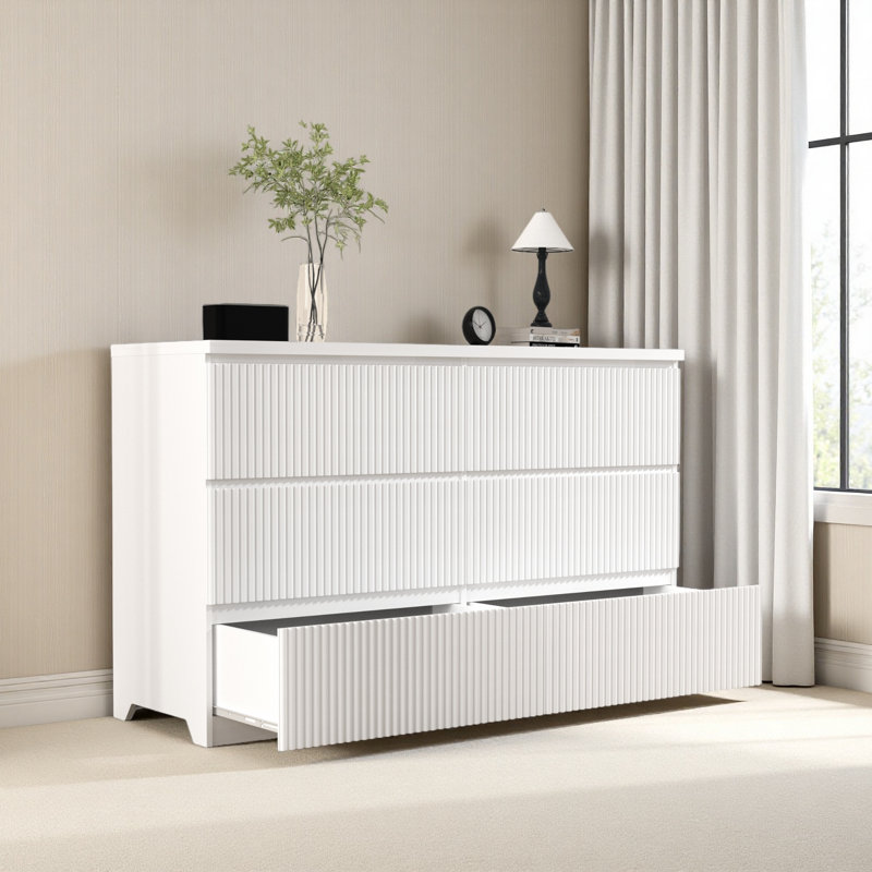 Armoire de rangement 6 tiroirs, commode, organisateur de vêtements en bois avec panneau de tiroir ondulé, commode large de 6 tiroirs