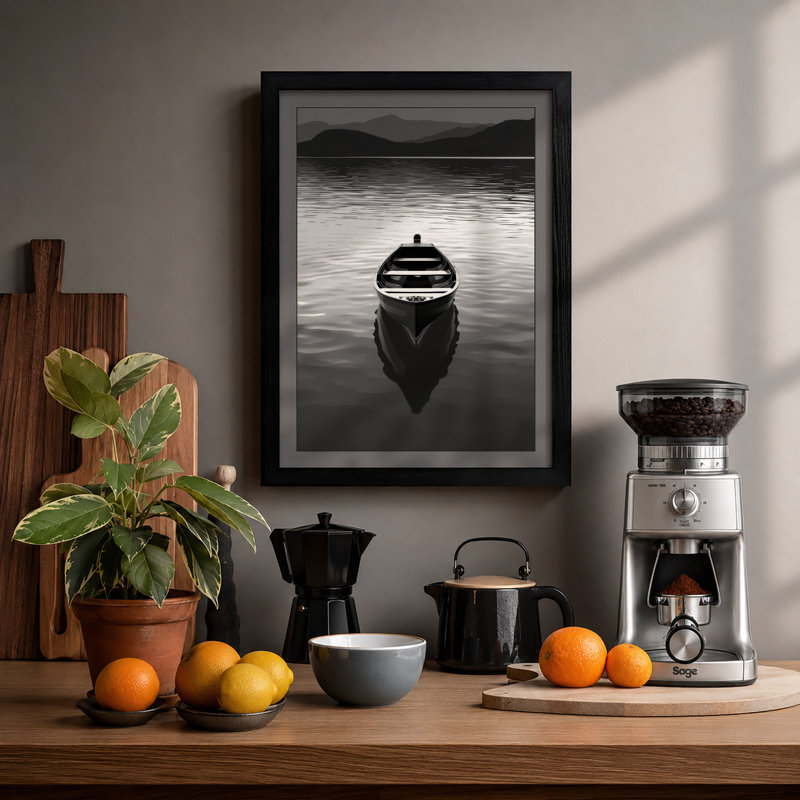 Boat In Calm Water Minimalist - Print, Black, A4 - 29.7 x 21.0 cm