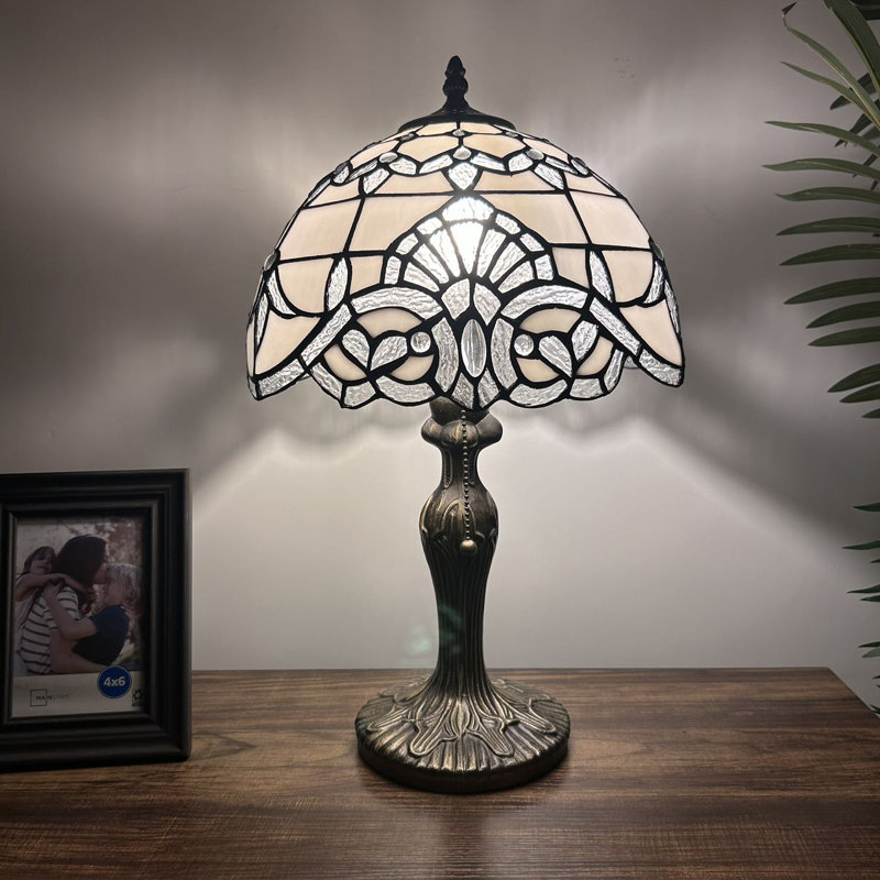 White Stained Glass Baroque Table Lamp with Bronze Base