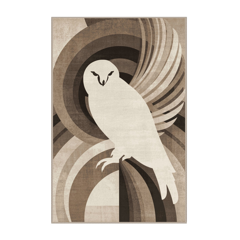 Machine Washable Osckar Snowy Owl Art Deco Arc Rug in Beige – Beige Binding, 2x5