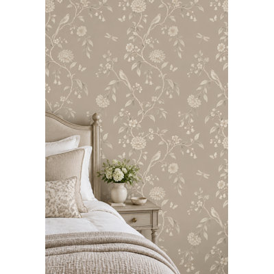 Papier peint oiseaux et papillons Chinoiserie botanique en ivoire beige