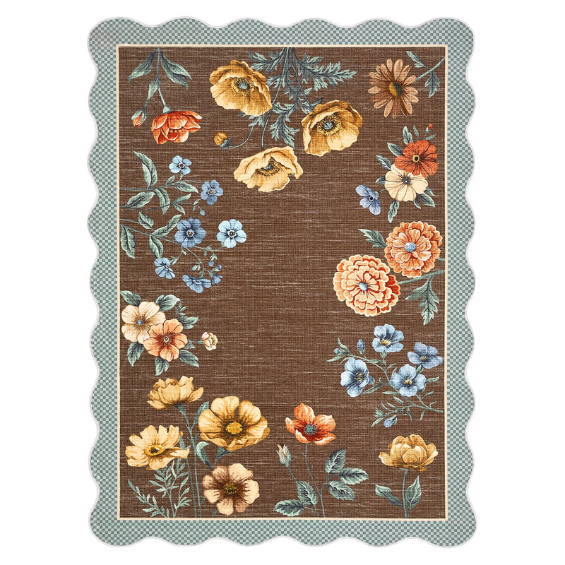 Farmhouse Floral Machine Washable Rug with Non Slip TPR Backing, Soft Non Shedding Scalloped Carpet, Low Pile Thin Floor Mats