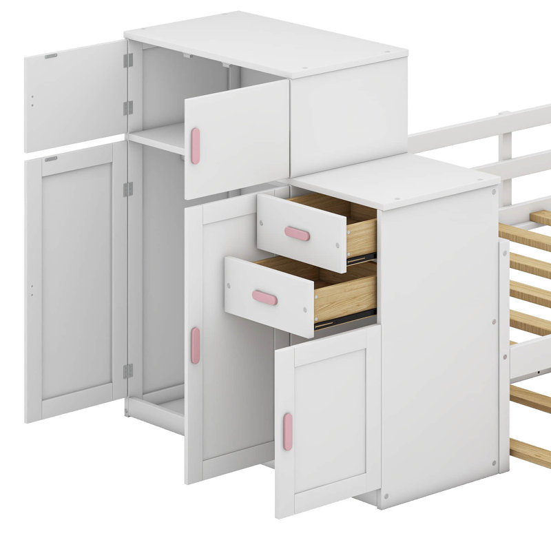 Lit plateforme simple en bois avec bibliothèque intégrée, garde-robe et lit gigogne, Rose