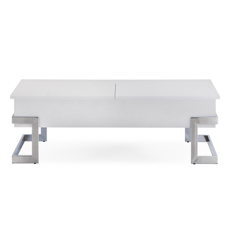 Table basse blanche brillante et chromée avec plateau relevable, Blanc