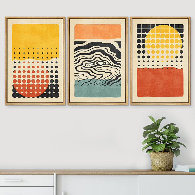 «Abstract Vibrant Color Blocks» Mid-Century Colorful Polygon Collage Abstract Geometric - 3 pièces, ensemble d'art graphique sur toile flottante