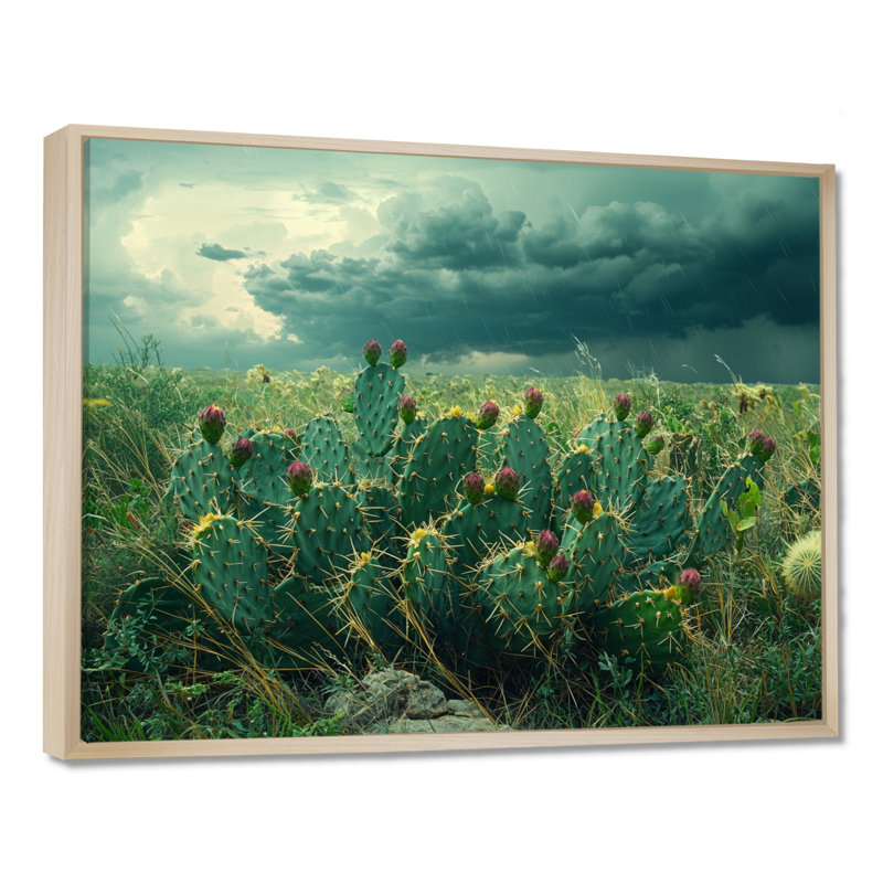 Cactus et la tempête du désert - art mural cactus, Cadre flottant, H 16 po x l 32 po, Doré