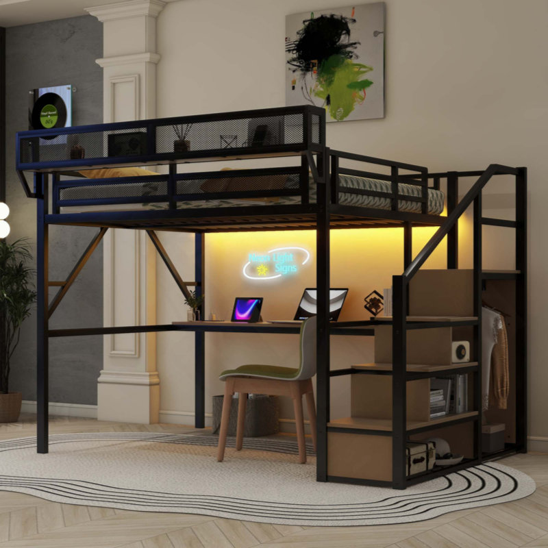 Lit mezzanine avec bureau et station de charge, lit mezzanine en métal avec escalier et lumière pour enfants adolescents