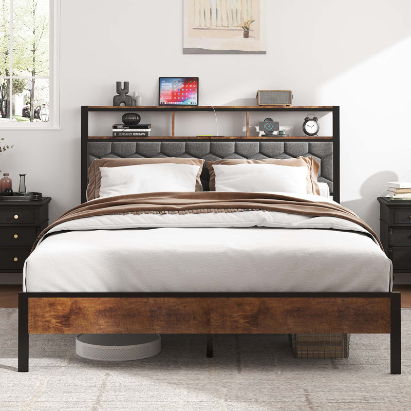 Lit plateforme tapissier avec ports de charge, boîte de rangement et tête de lit à tablette rétro, Grand lit