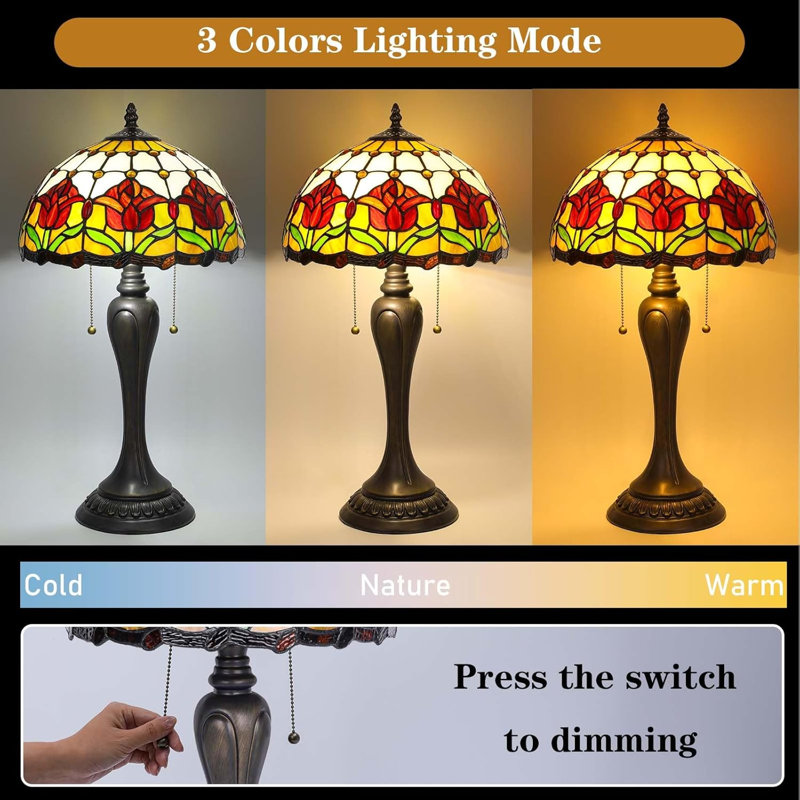 Tiffany Table Lamp, Red Tulips Style Lampshade Reading Light 12X12X22 Inches, Adjustable 3 Color Temperature Decor for Bedroom Living Room