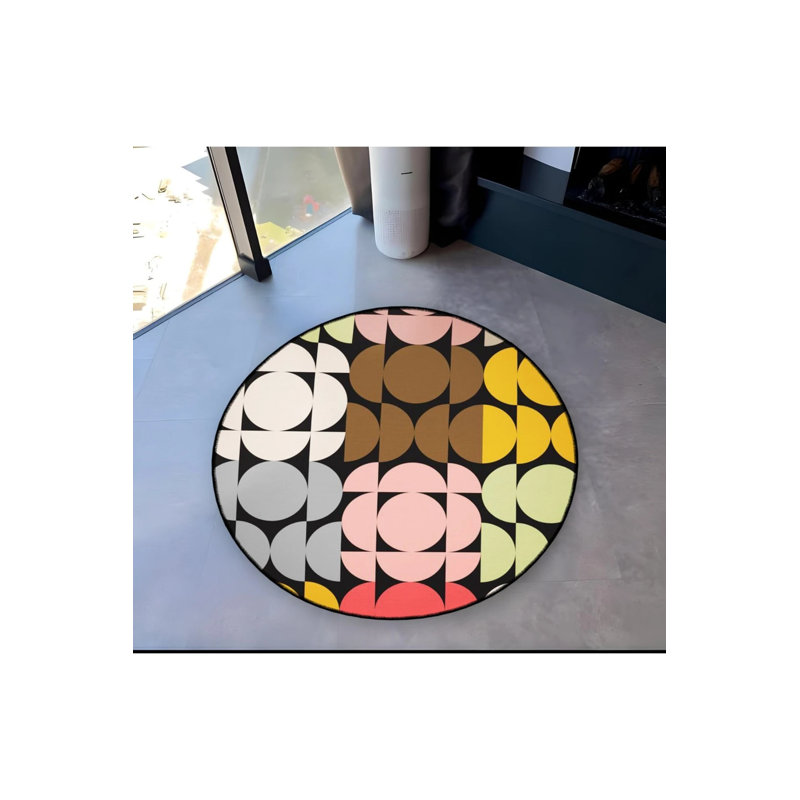 Multicolored Geometric Patterned Round Woven Base Modern Decorative Carpet, Round 4'