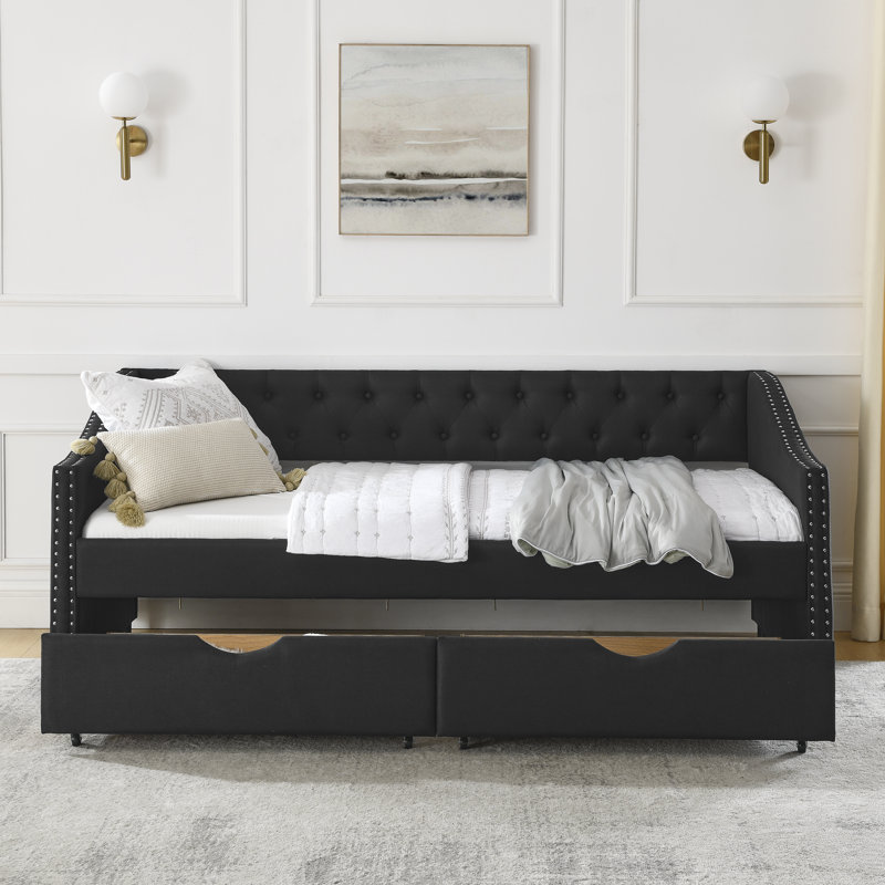 Twin Size Daybed With Drawers Upholstered Tufted Sofa Bed, With Button On Back And Copper Nail On Waved Shape Arms(81.5''X4''x30.5'')