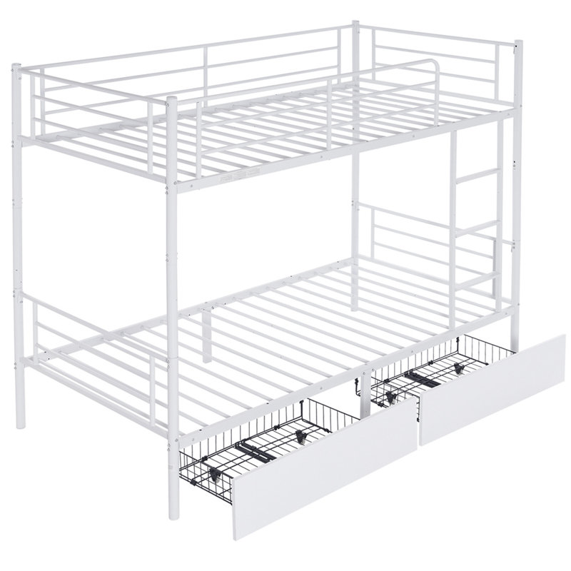 Twin Over Twin Convertible Bunk Bed With 2 Storage Drawers, White