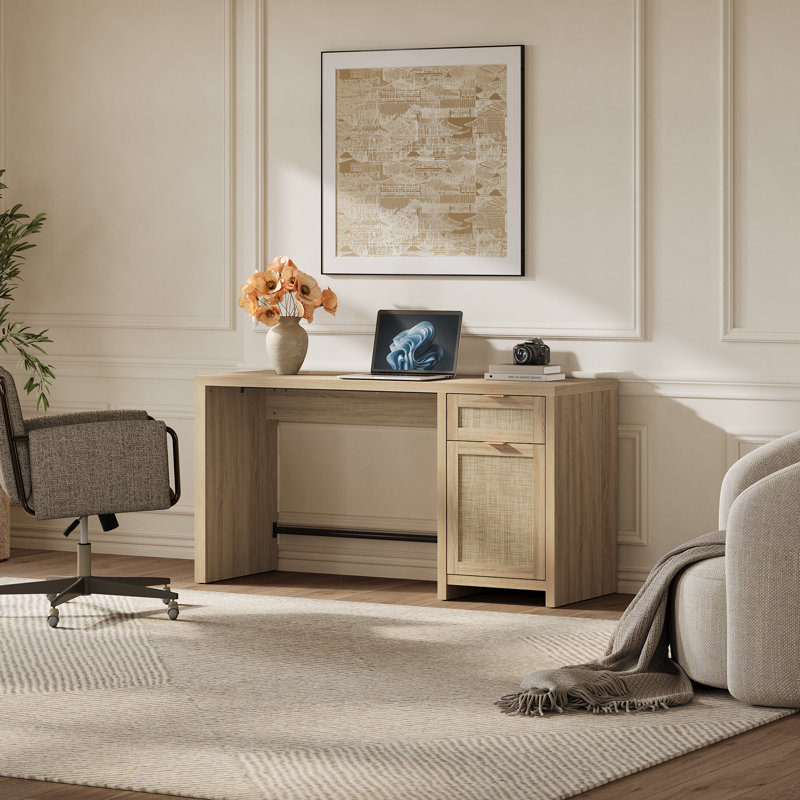 Boho Rattan Desk with Spacious Workspace and Hidden Storage, Sand Oak