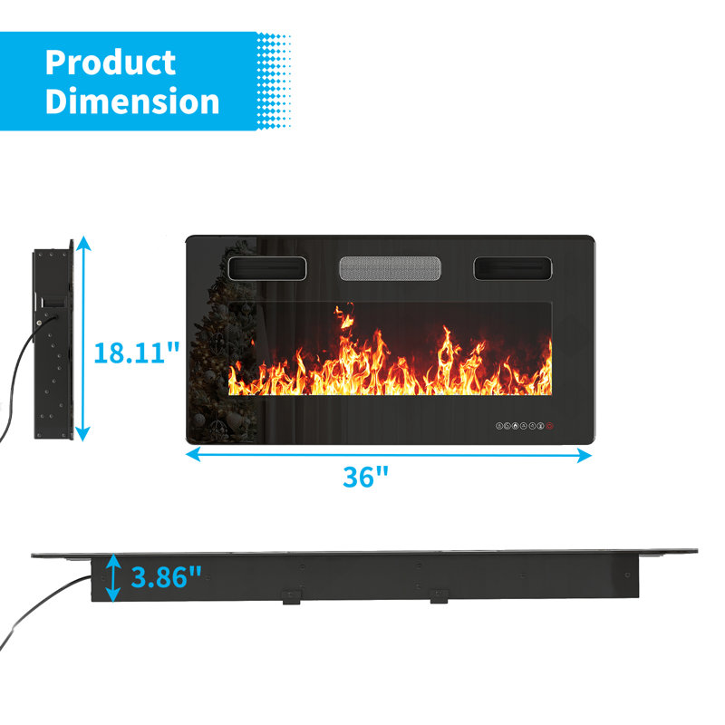 36"W Electric Fireplaces Heater, Recessed Ultra Thin Wall Mounted,Low Noise,8HTimer & Remote Control For Living Room with Overheating Protection,Crystal & 12 Adjustable Color,750W/1500W