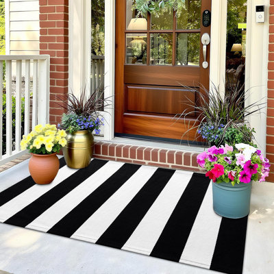 Black And White Striped Rug 2'4" X 3'7" (27.5" X 43") – Washable Cotton Indoor Outdoor Doormat For Front Door, Entryway, Kitchen, Porch, Patio Decor