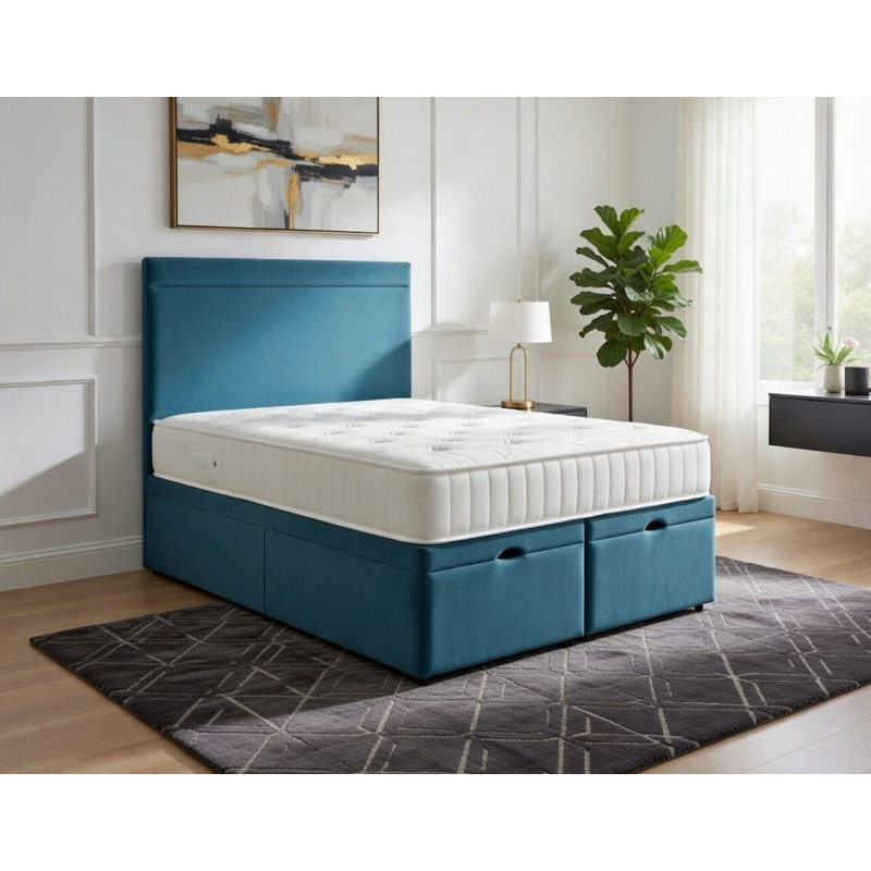 Upholstered Ottoman Bed, Sky Blue, Double