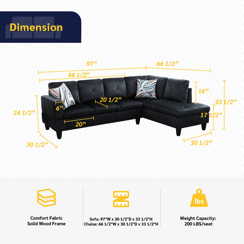Alsa 2 - Piece Upholstered Sectional, Black, Right Hand Facing