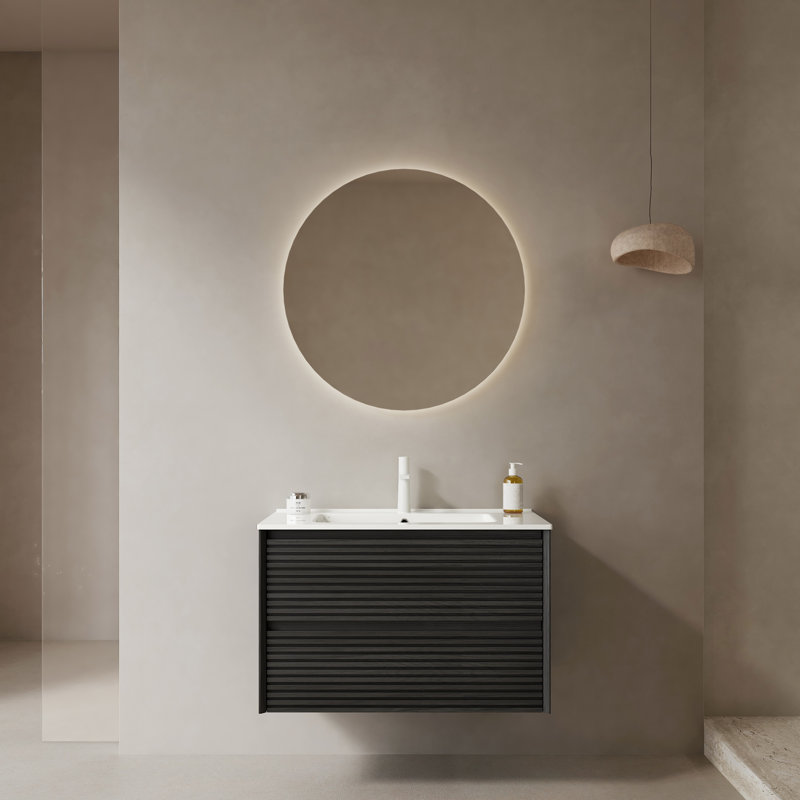 30" Bathroom Vanity With Sink, Wall-Mounted Floating Plywood Bathroom Storage Cabinet With 2 Drawers, White Ceramic Basin With Sink Hole Cover And Drain, Pre-Assembled, Bathroom Vanity