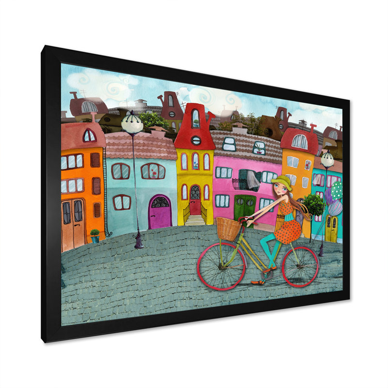 «Cute Girl Biking In Caricature Street», reproduction sur toile flottante, H 8 po x l 12 po x P 1 po, Cadre photo noir