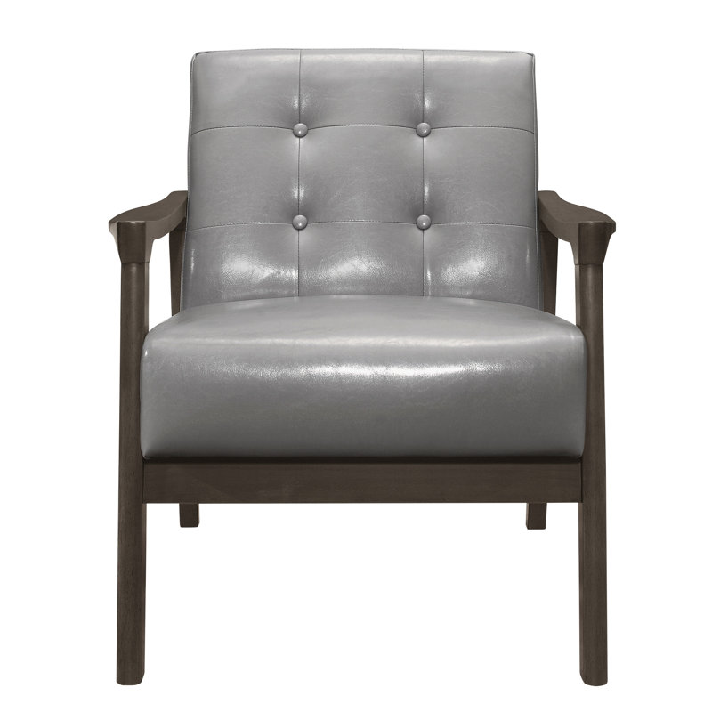 Chaise d'appoint avec revêtement gris, capitonnage à boutons, similicuir en bois massif style Mid-Century