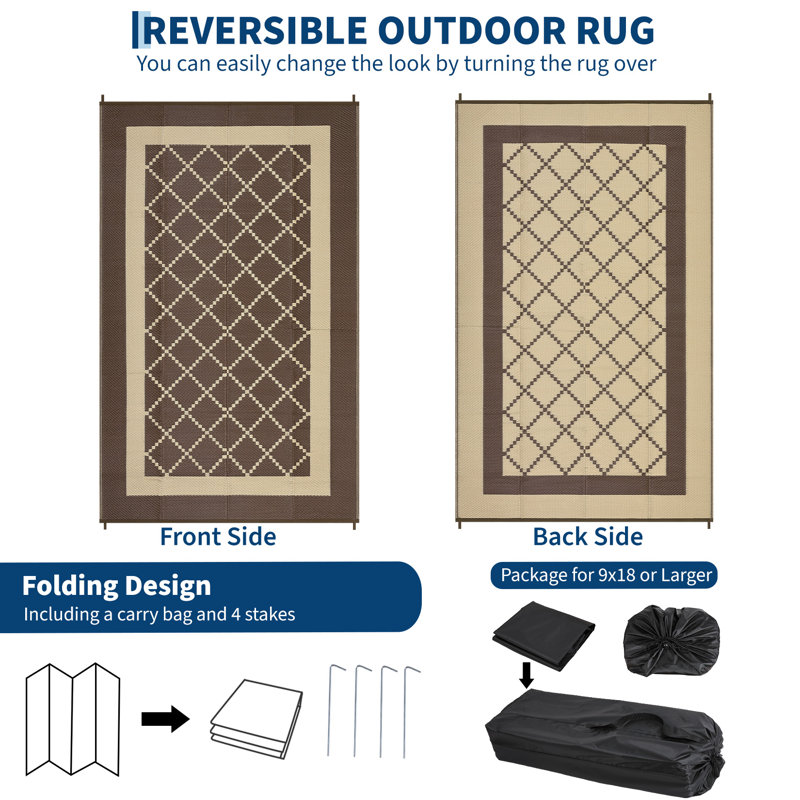 Modern Reversible Outdoor Area Rug – Washable, Non-Slip, UV Resistant Patio Mat – Easy Clean Waterproof Grid Carpet for Porch, Garden, Deck – Brown/Coffee (Peony Brown), 9x18ft, United States