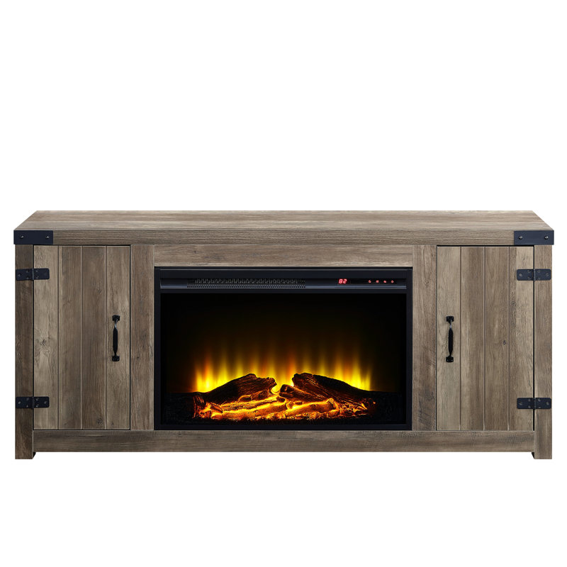 Fireplace Rectangular Tv Stand In Rustic Oak Finish, 2 Storage Drawers, Door Storages, 15Mm Top Thickness, Metal And Synthetic Wood, 100Lbs Weight Limit, 52.75 Width, 25.13 Height, 11.95 Depth Finish