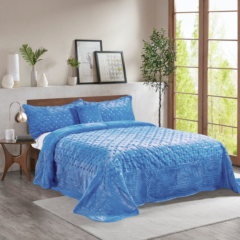Ensemble de courtepointe en similifourrure de 4 pièces Tatami, Couvre-lit très grand + 3 pièces supplémentaire, Bleu palais