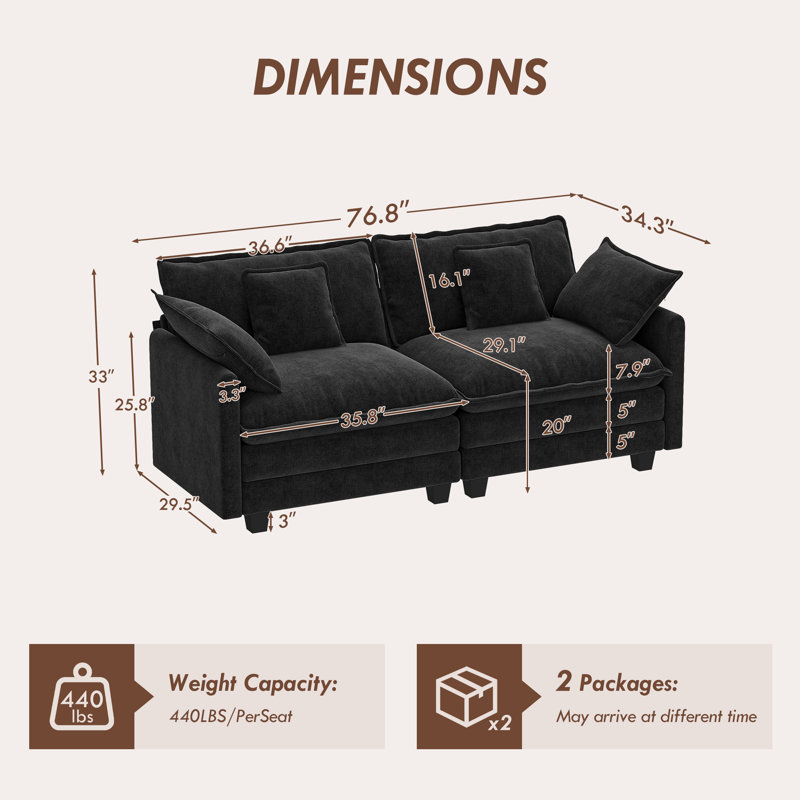 George 76.8" Chenille Modular Sectional Sofa, Black