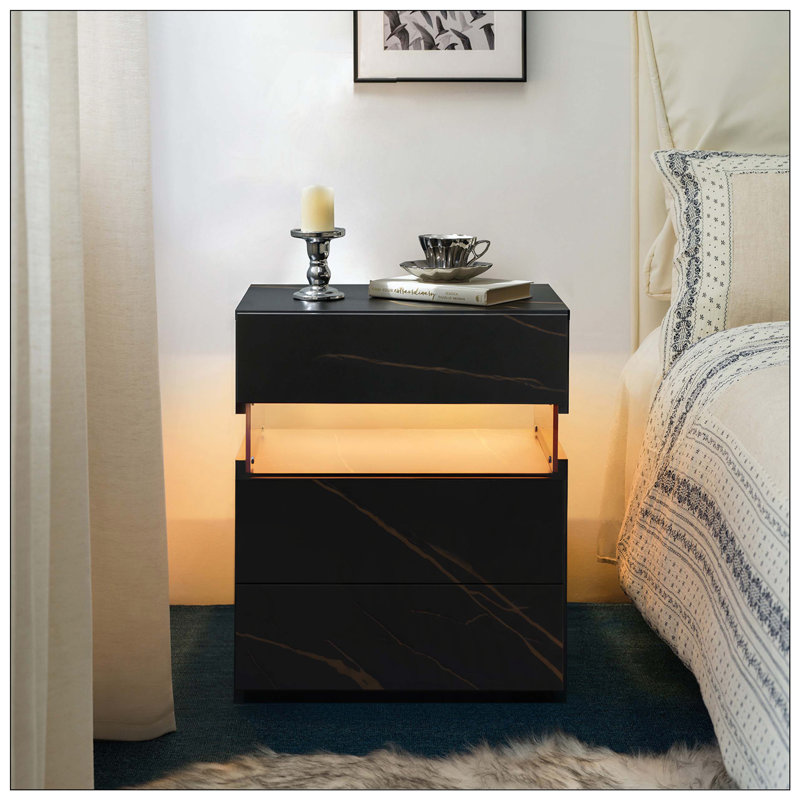 LED Nightstand 3 Drawer Acrylic Board Bedroom End Table, Black/Gold