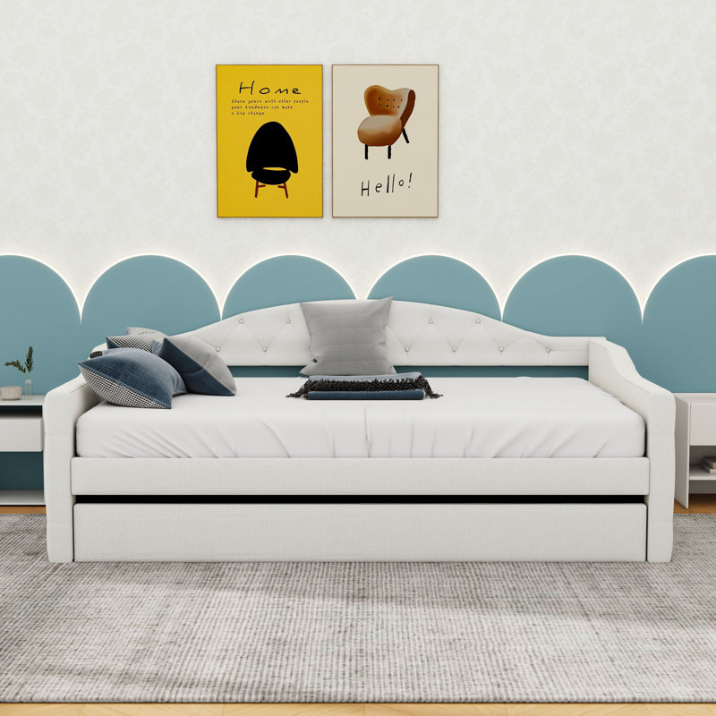 Upholstered Daybed with Trundle, USB and Type-C Charging Ports, Beige