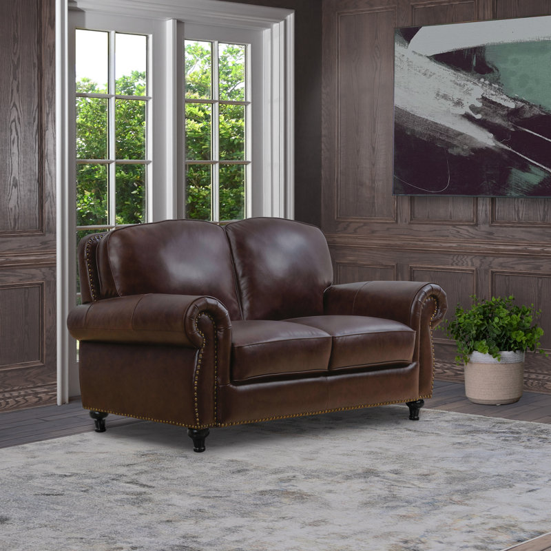 Causeuse à accoudoirs roulés en cuir véritable 64 po Perryton, Cuir fleur brun café