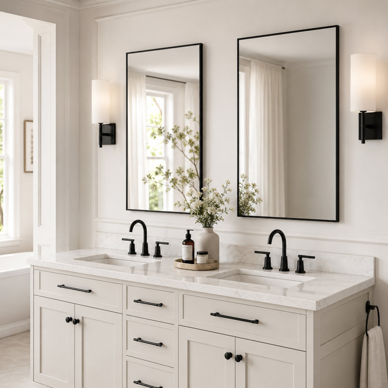 Ensemble de miroirs muraux modernes en verre trempé avec cadre en métal pour salle de bain, 36 po x 24 po, Noir mat